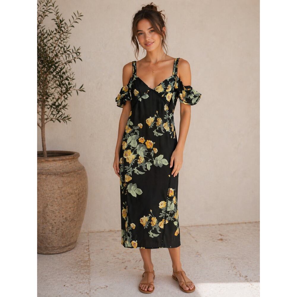Feminine Yellow Rose Floral Print Babydoll Slip Midi Dress S Ruffle Sheer Y2K